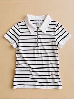 SOHO LADY Women's White & Black Striped Polo Zip Tee